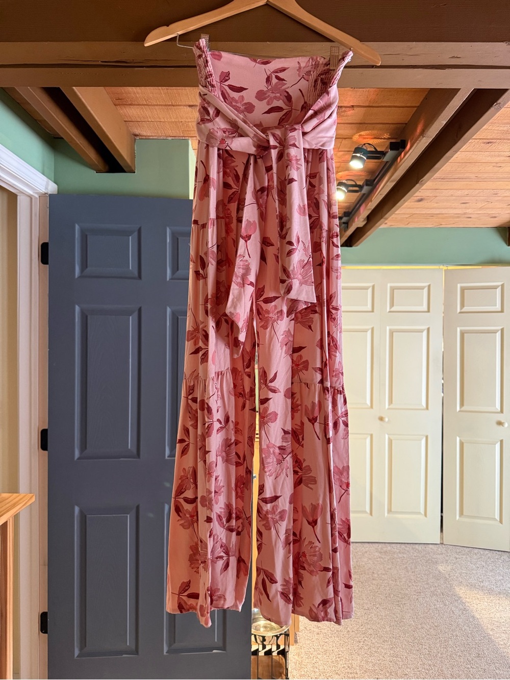 Sincerely Jules Pink Floral Strapless Wide-Leg Jumpsuit with Waist Tie